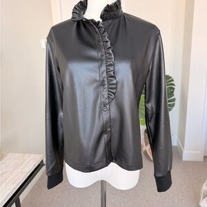 bobi Elegant Black Faux Leather Blouse with Ruffle Accent
